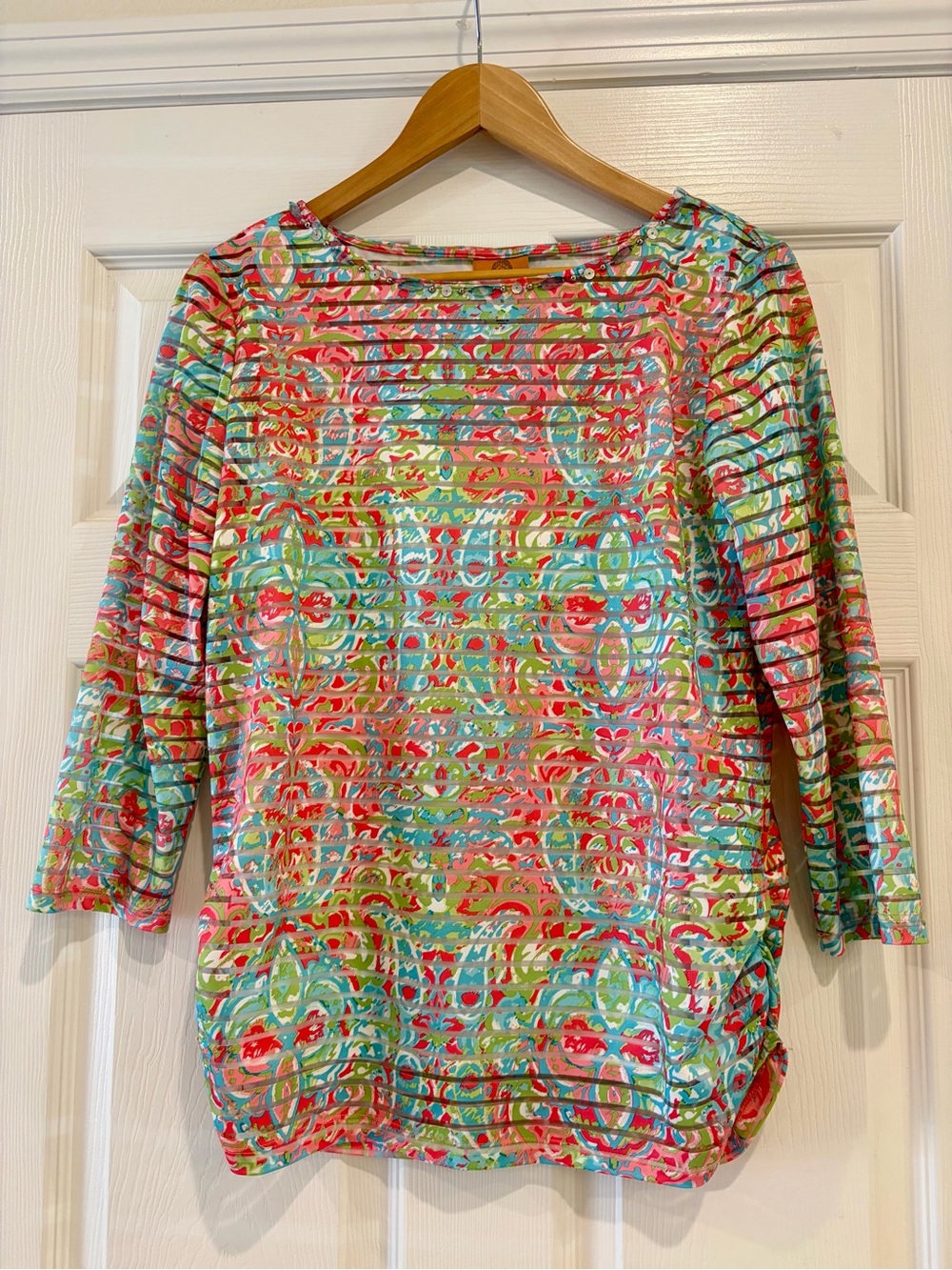 Ruby Rd. Pink Teal Coral Patterned Boatneck Top